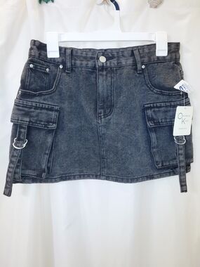 NWT Sz M Black Distress Washed Cargo Denim Mini Skirt Y2K Style